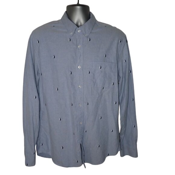 J. CREW Shirt Mens L Blue Oxford Embroidered SAILBOATS Button Long sleeve Preppy - Picture 1 of 6